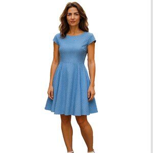 Women's Fit & Flare Dress NWT Size Small Blue Polka Dots Stretch Throwback